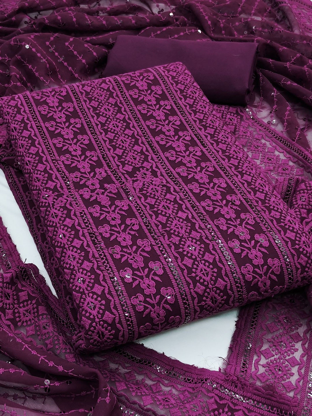 

Rangtulika Floral Embroidered Chikankari Soft Georgette Unstitched Dress Material, Purple