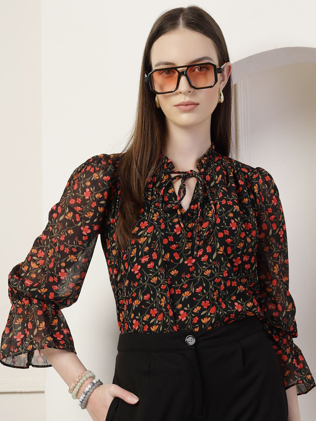 

Style Quotient Floral Print Tie-Up Neck Bishop Sleeves Top, Black