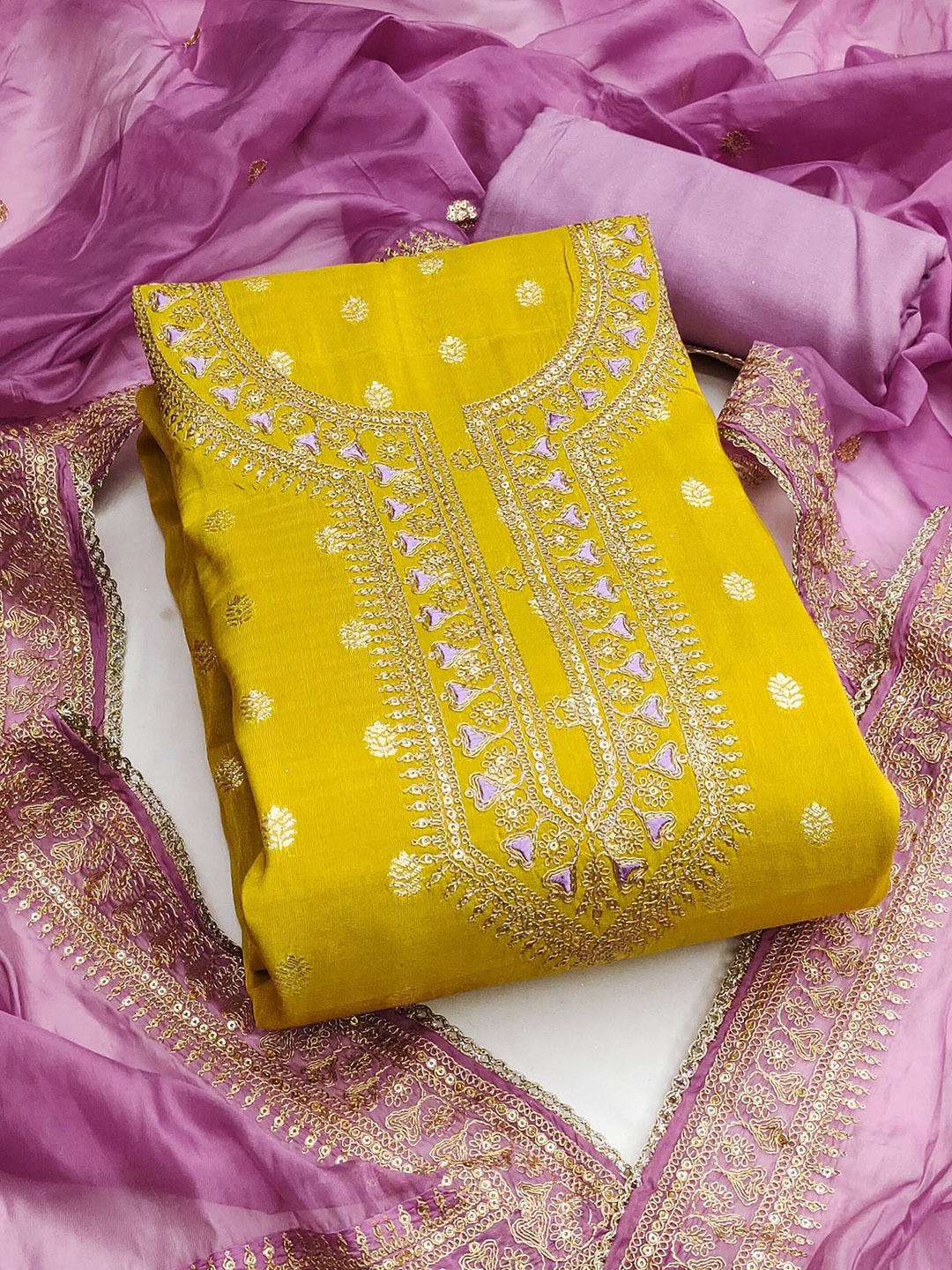 

SAINOOR Floral Embroidered Sequinned Unstitched Dress Material, Yellow