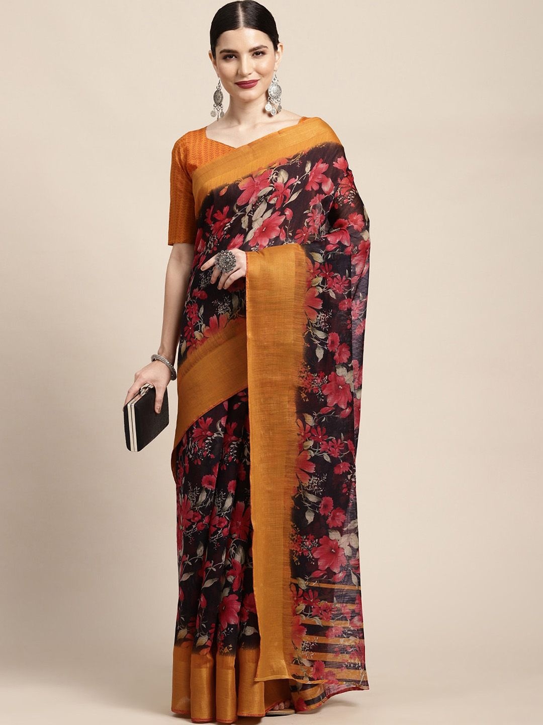 

Mitera Floral Zari Linen Blend Ready to Wear Banarasi Saree, Black