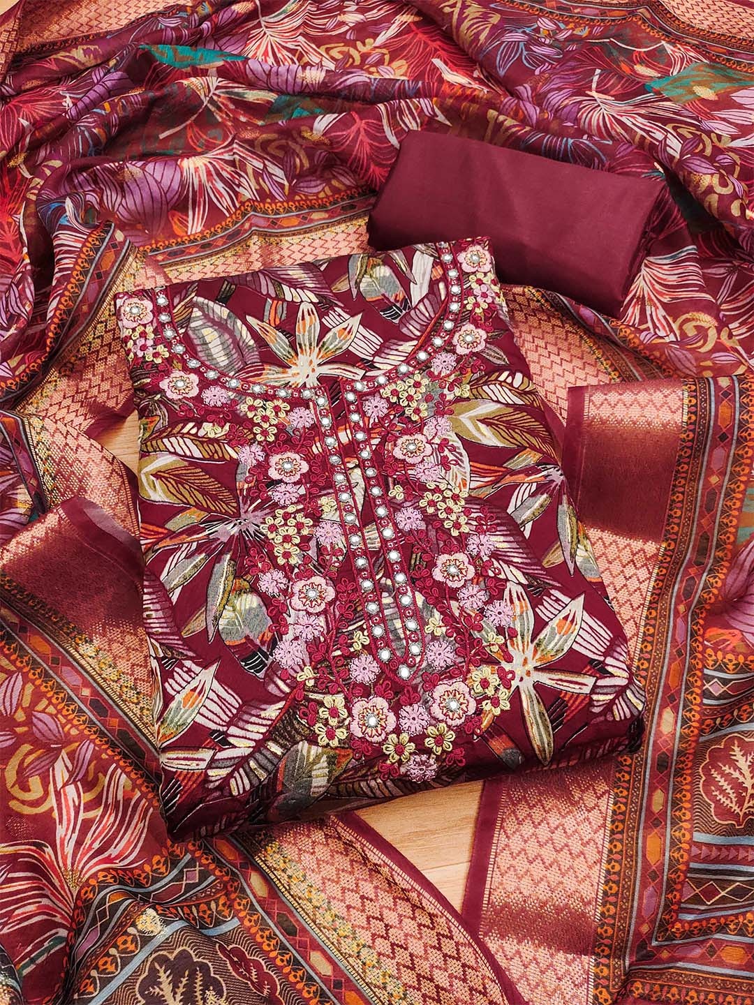 

SAINOOR Printed Pure Cotton Unstitched Dress Material, Maroon