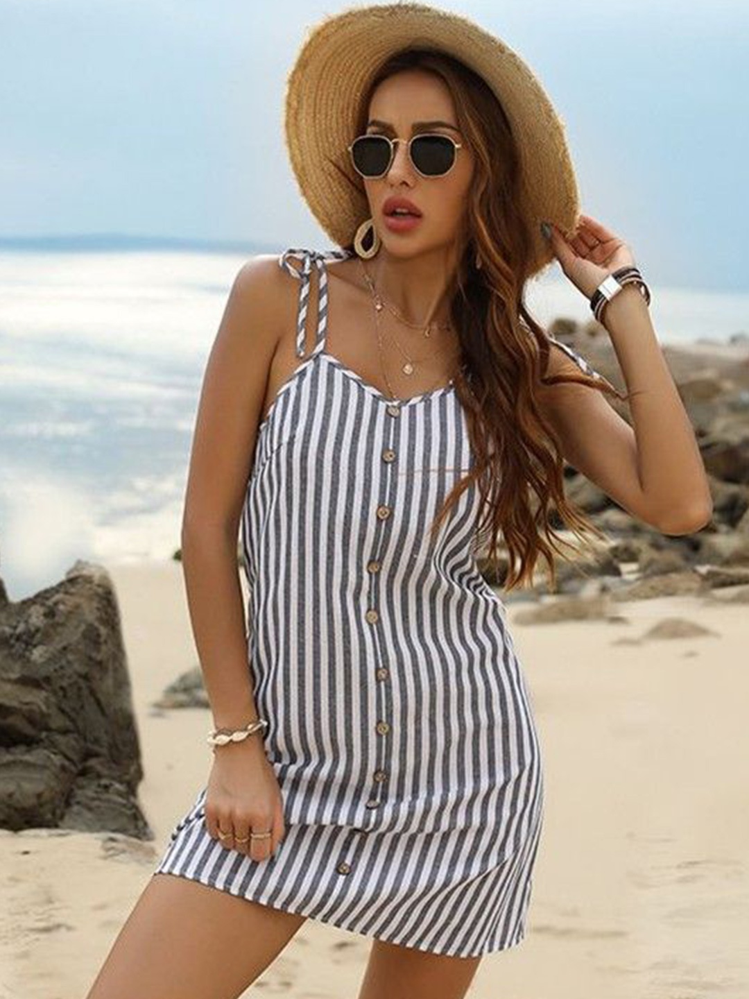

HERE&NOW Striped A-Line Mini Dress, White
