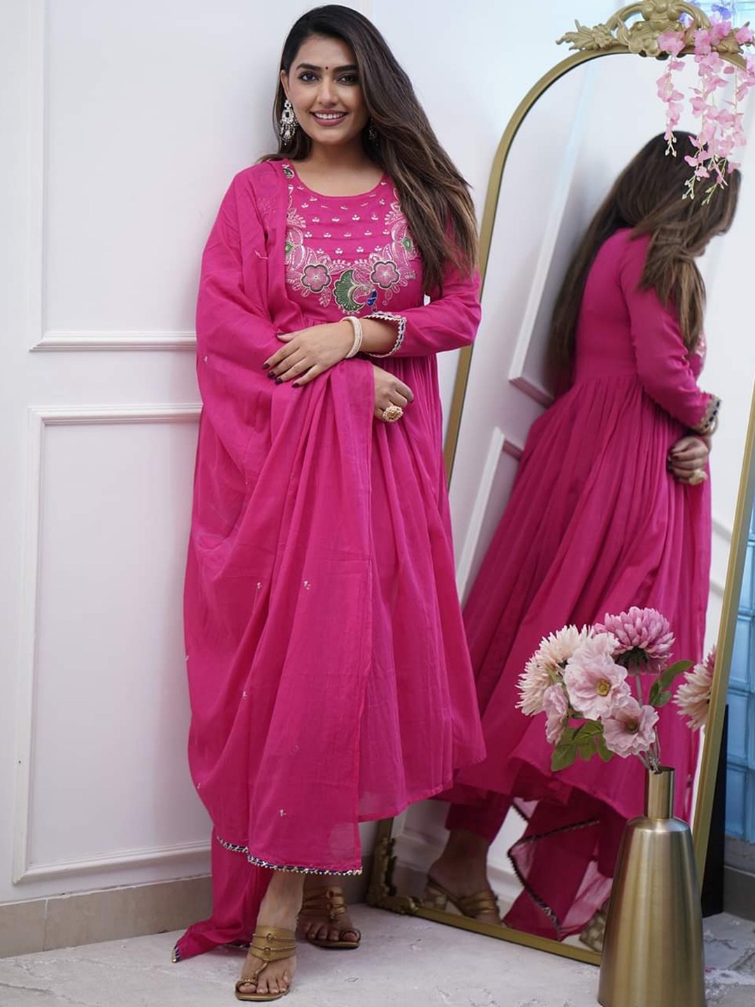 

NIZA FASHION Women Embroidered Regular Kurta with Trousers & With Dupatta, Pink
