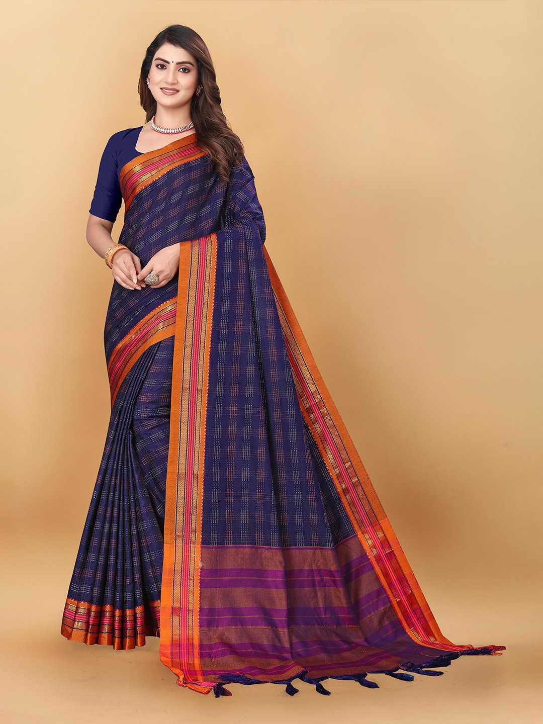 

MAGNEITTA Woven Design Zari Silk Cotton Ilkal Saree, Navy blue