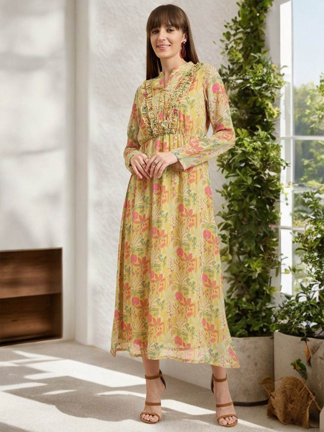

DressBerry Floral Print Cowl Neck Ruffled Maxi Dress, Yellow