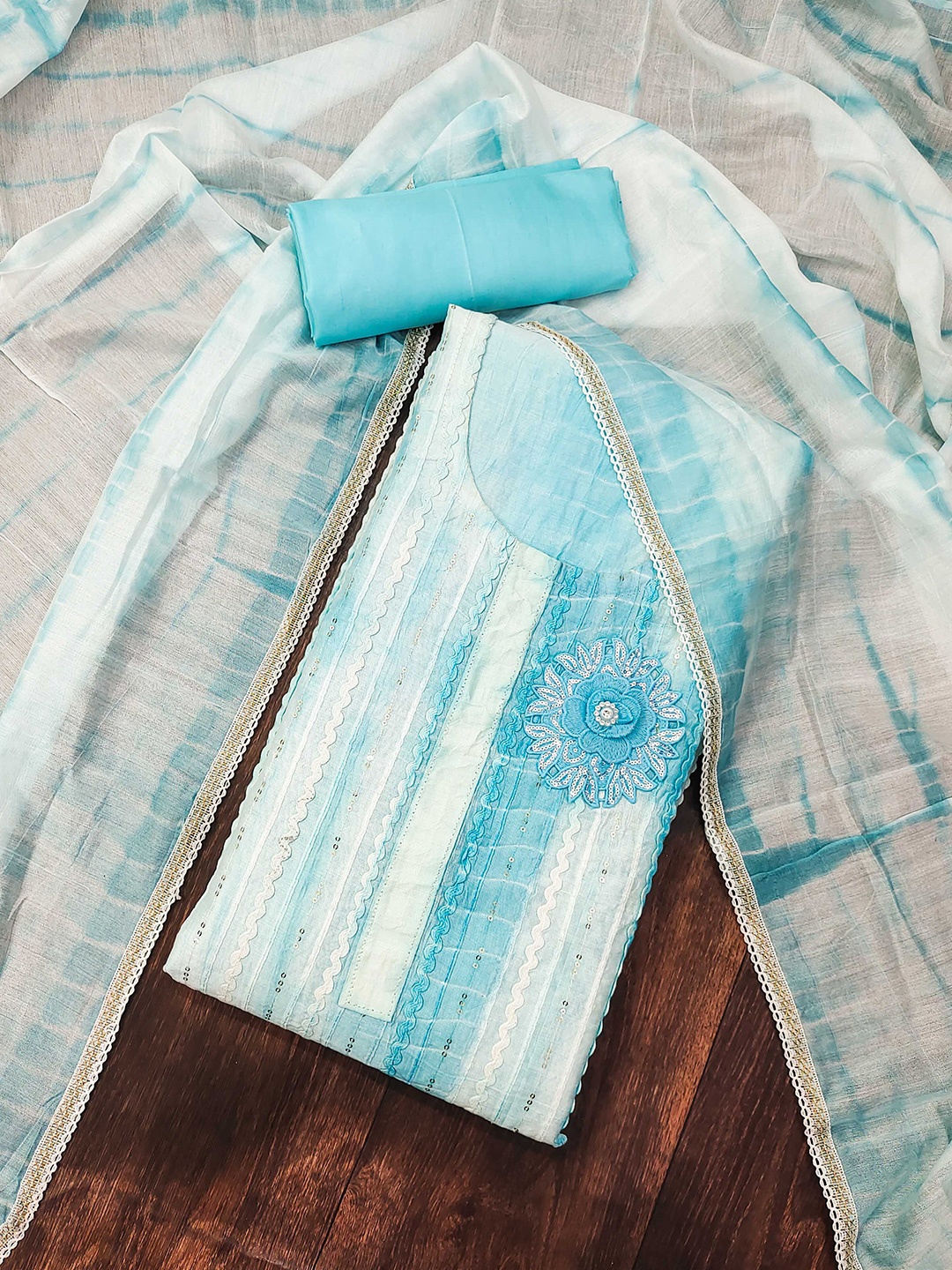 

SAINOOR Striped Embroidered Sequnnied Semi-Stitched Dress Material, Blue