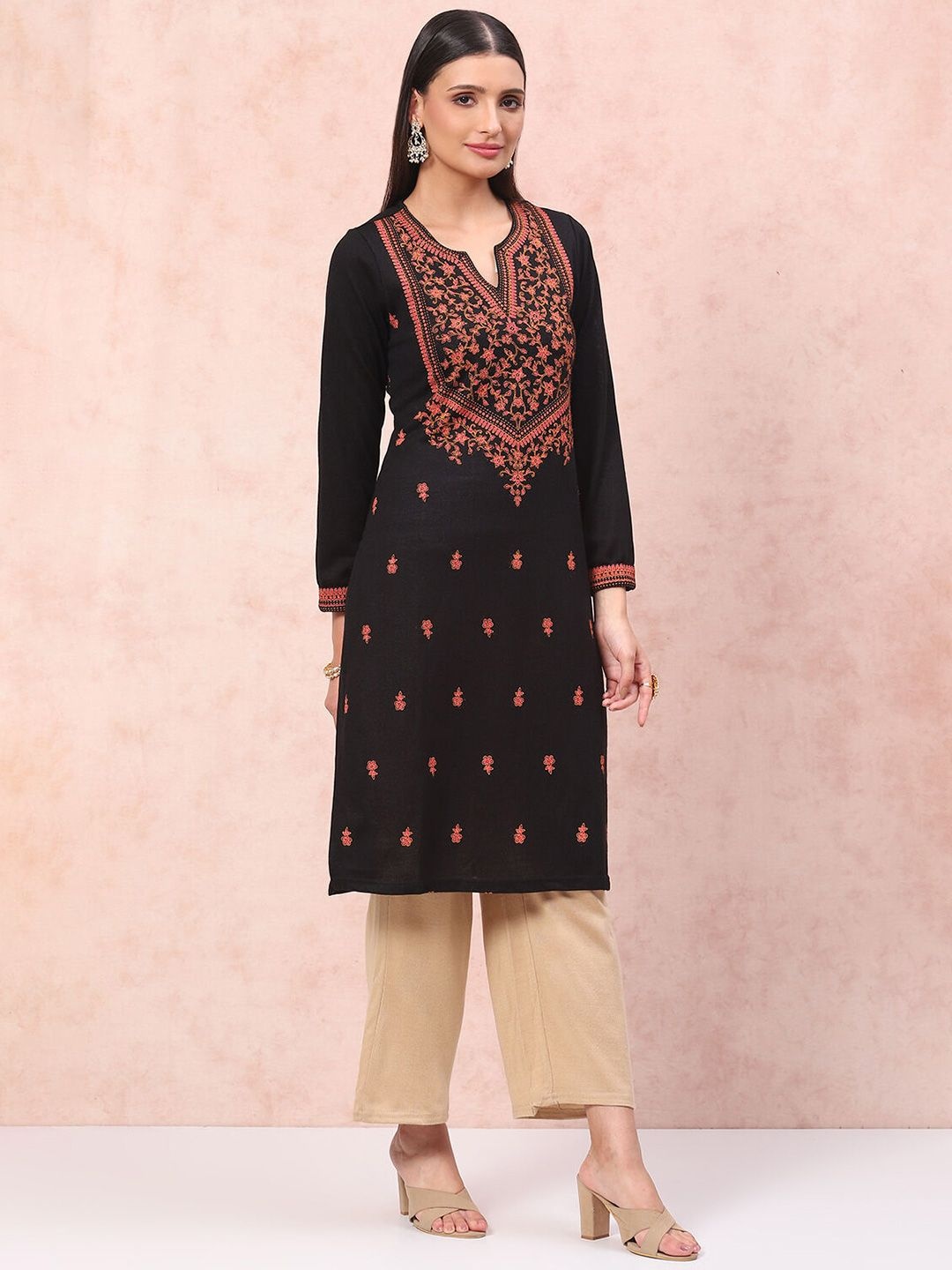 

Rangriti Women Flared Knitted Ethnic Palazzos, Beige