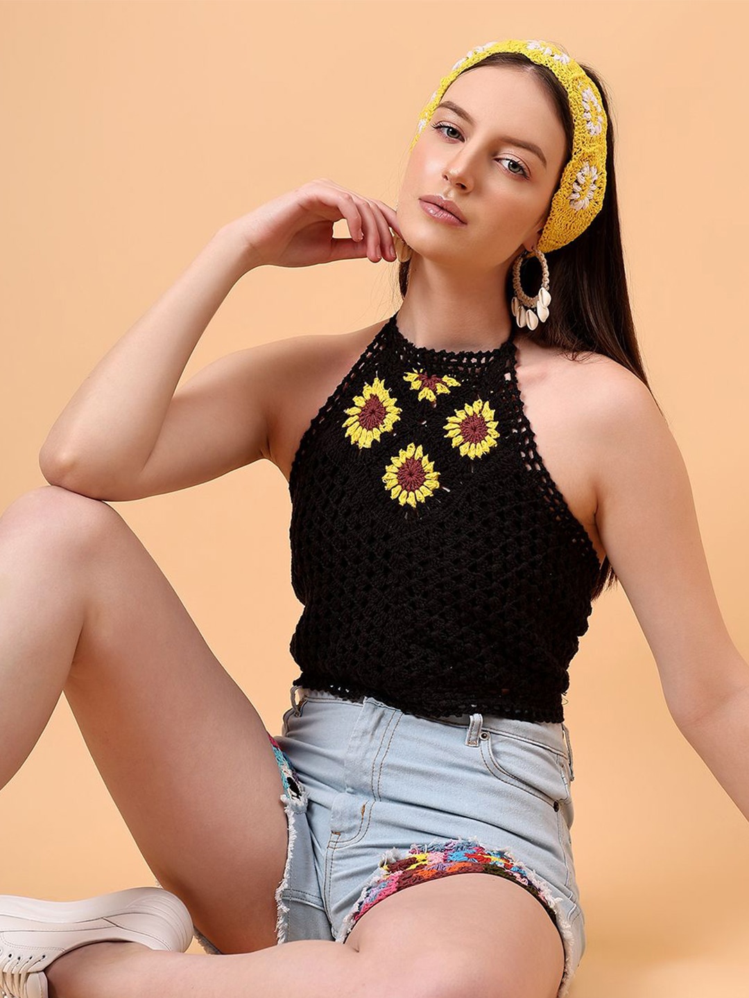 

Velvery Floral Cotton Crochet Crop Top, Black