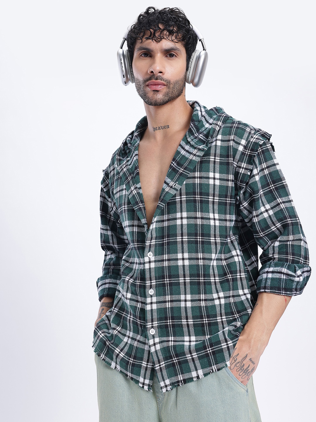

glitchez Comfy Luxe Hooded Checked Oversized Shirt, Green