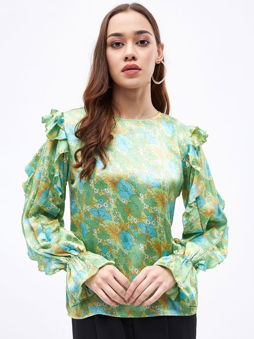 

JUNE & HARRY Floral Print Slit Sleeve Satin Top, Green