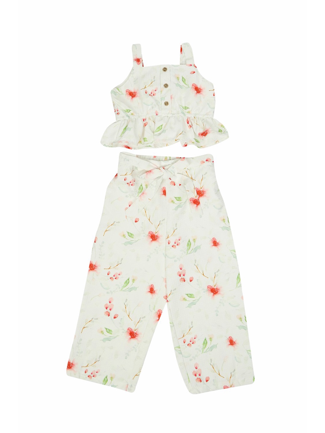 

Doodle Girls Floral Printed Shoulder Straps Top With Trouser, White