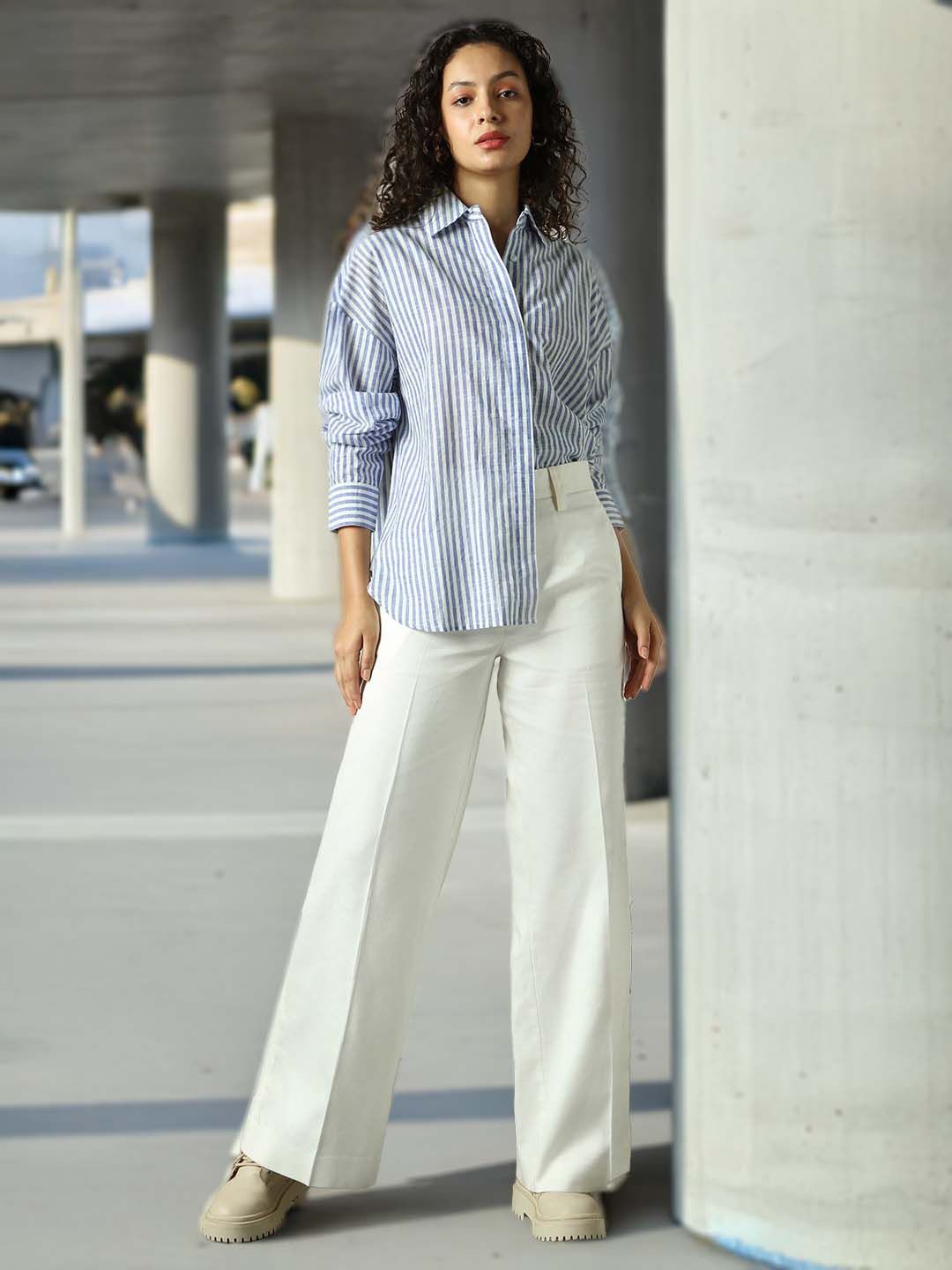 

High Star Women Comfort Opaque Striped Casual Shirt, Navy blue