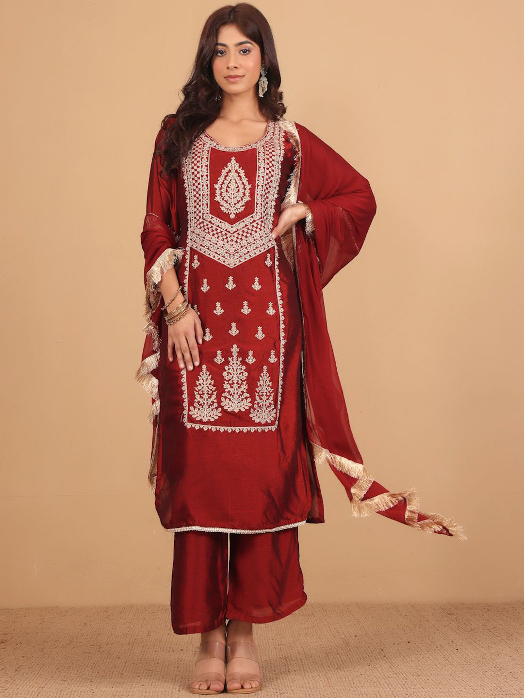 

House of Pataudi Floral Embroidered Round Neck Zari Straight Kurta With Trousers & Dupatta, Maroon