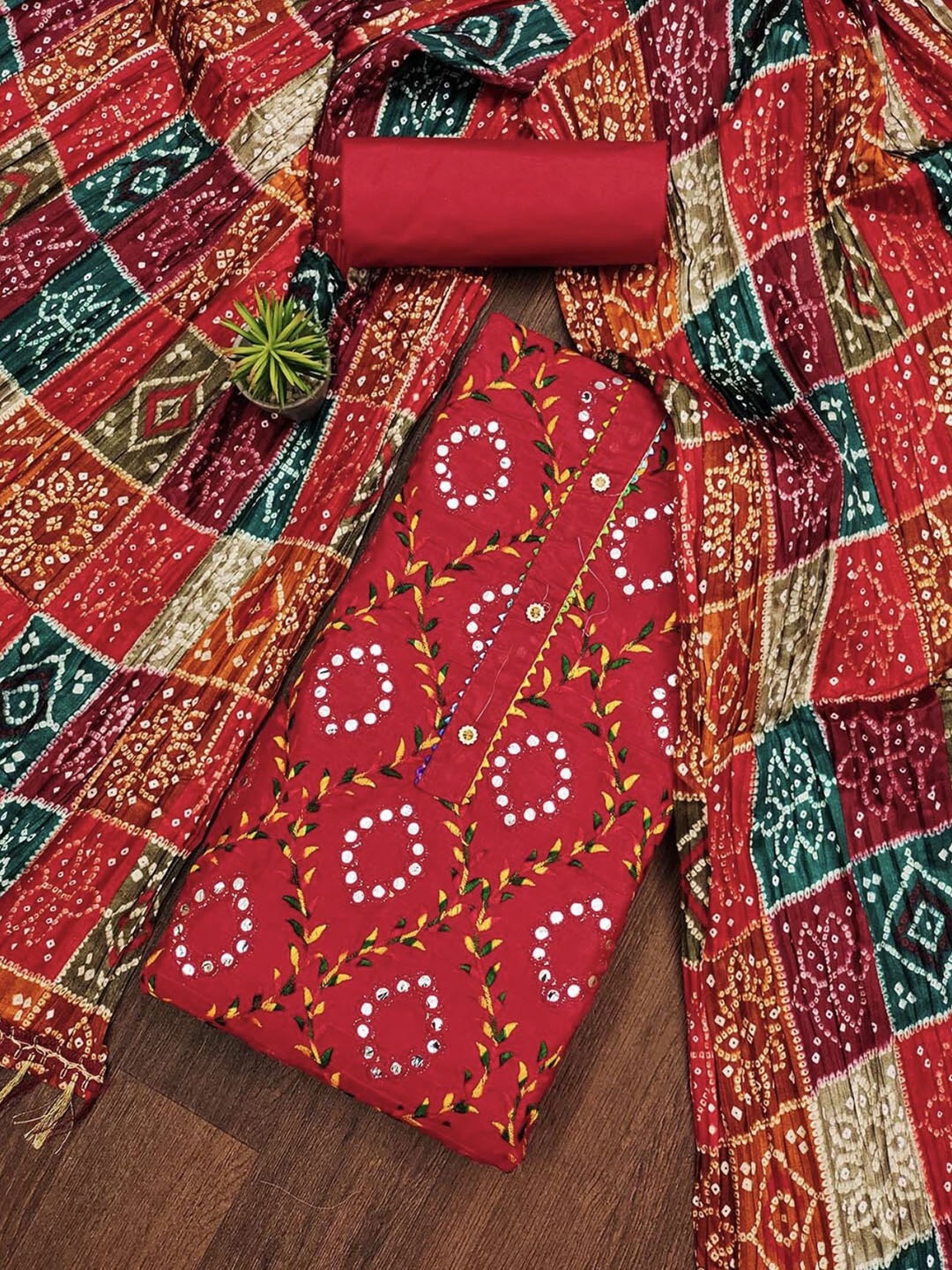 

Rangtulika Floral Embroidered Mirror Work Unstitched Dress Material, Red