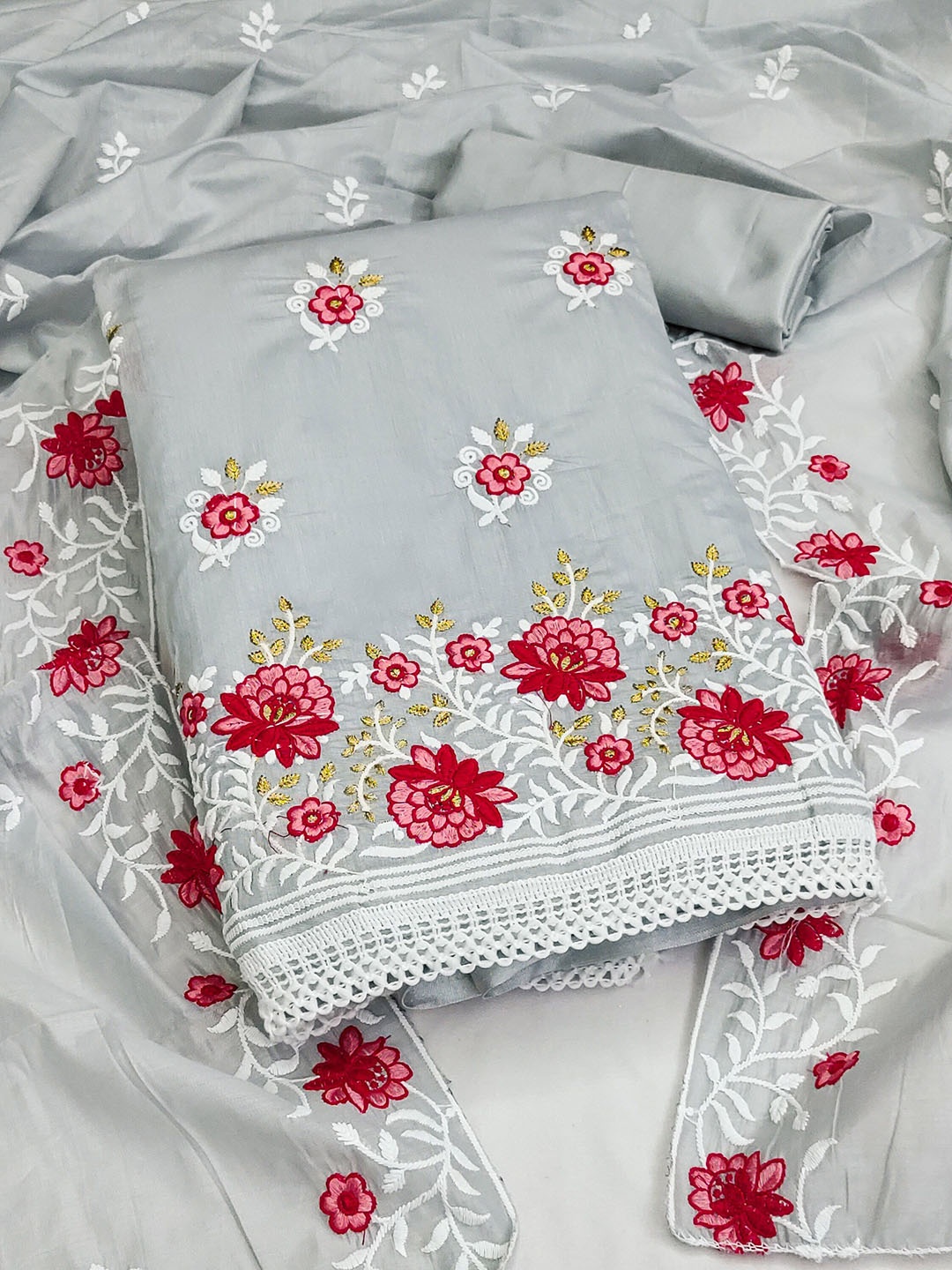 

SAINOOR Floral Embroidered Thread Work Semi-Stitched Dress Material, Grey