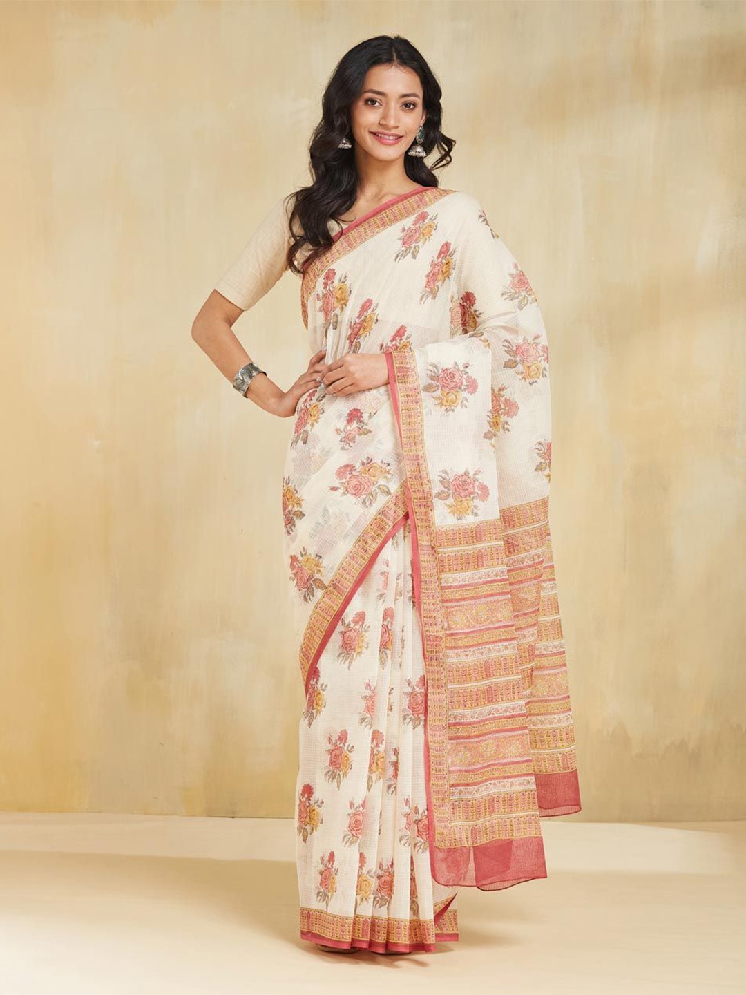 

Fabindia Floral Silk Cotton Saree, White