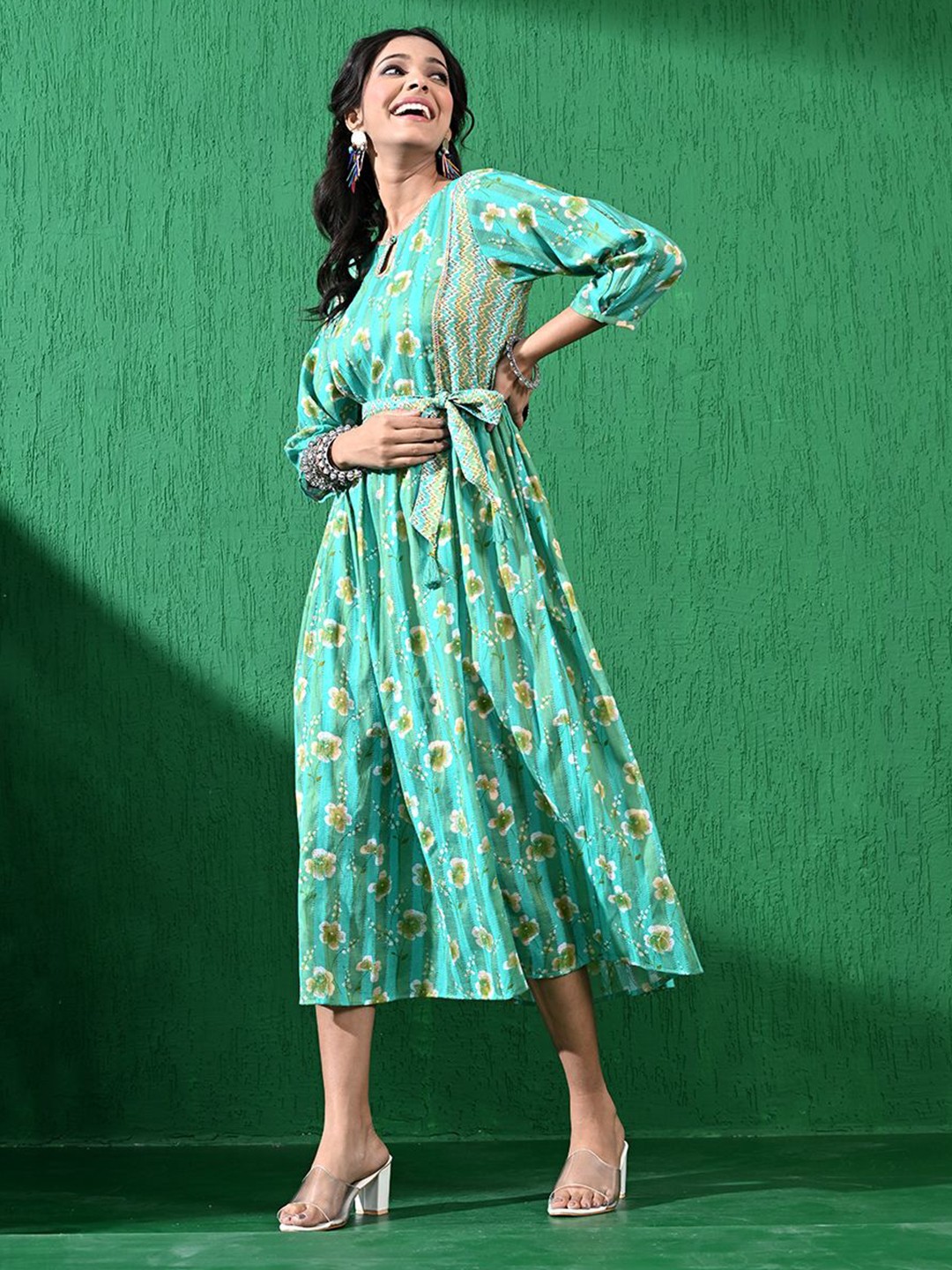 

all about you Floral Print Fit & Flare Midi Dress, Green
