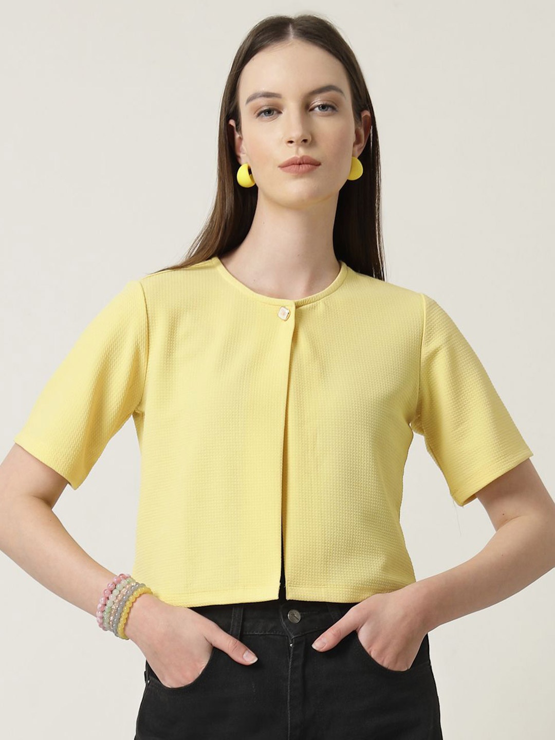 

Style Quotient Round Neck Open Front Shrug, Yellow