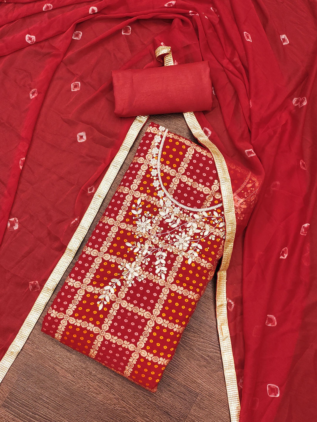 

MANVAA Embellished Unstitched Dress Material, Red