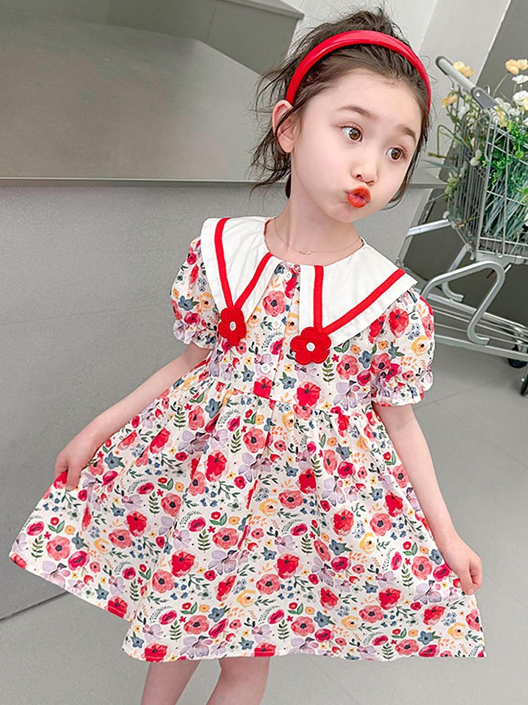 

LULU & SKY Floral Print Tie-Up Neck Flutter Sleeve A-Line Dress, Red