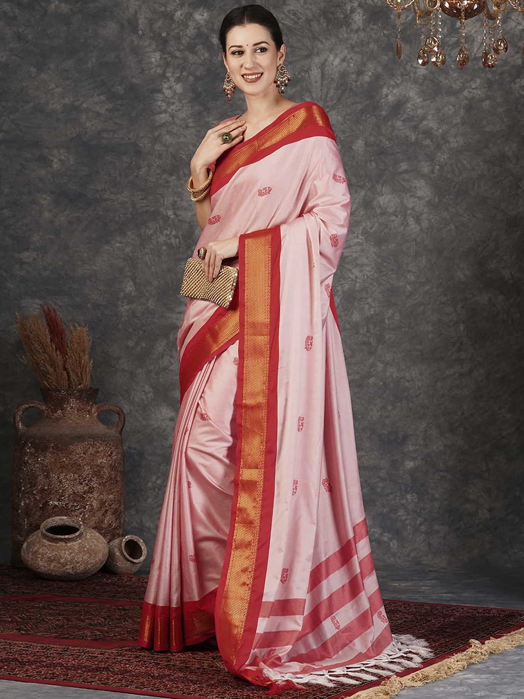 

SILKWEAR Ethnic Motifs Zari Silk Cotton Banarasi Saree, Peach