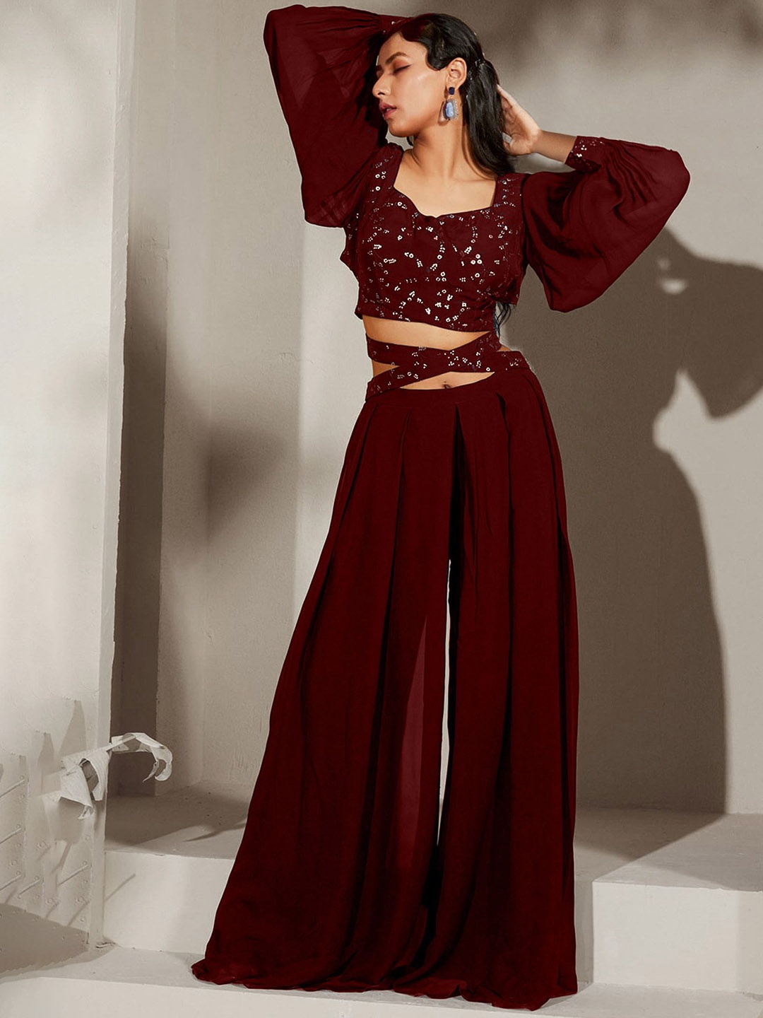 

SANCIA Ethnic Motifs Embroidered Sequinned Top with Palazzos, Maroon