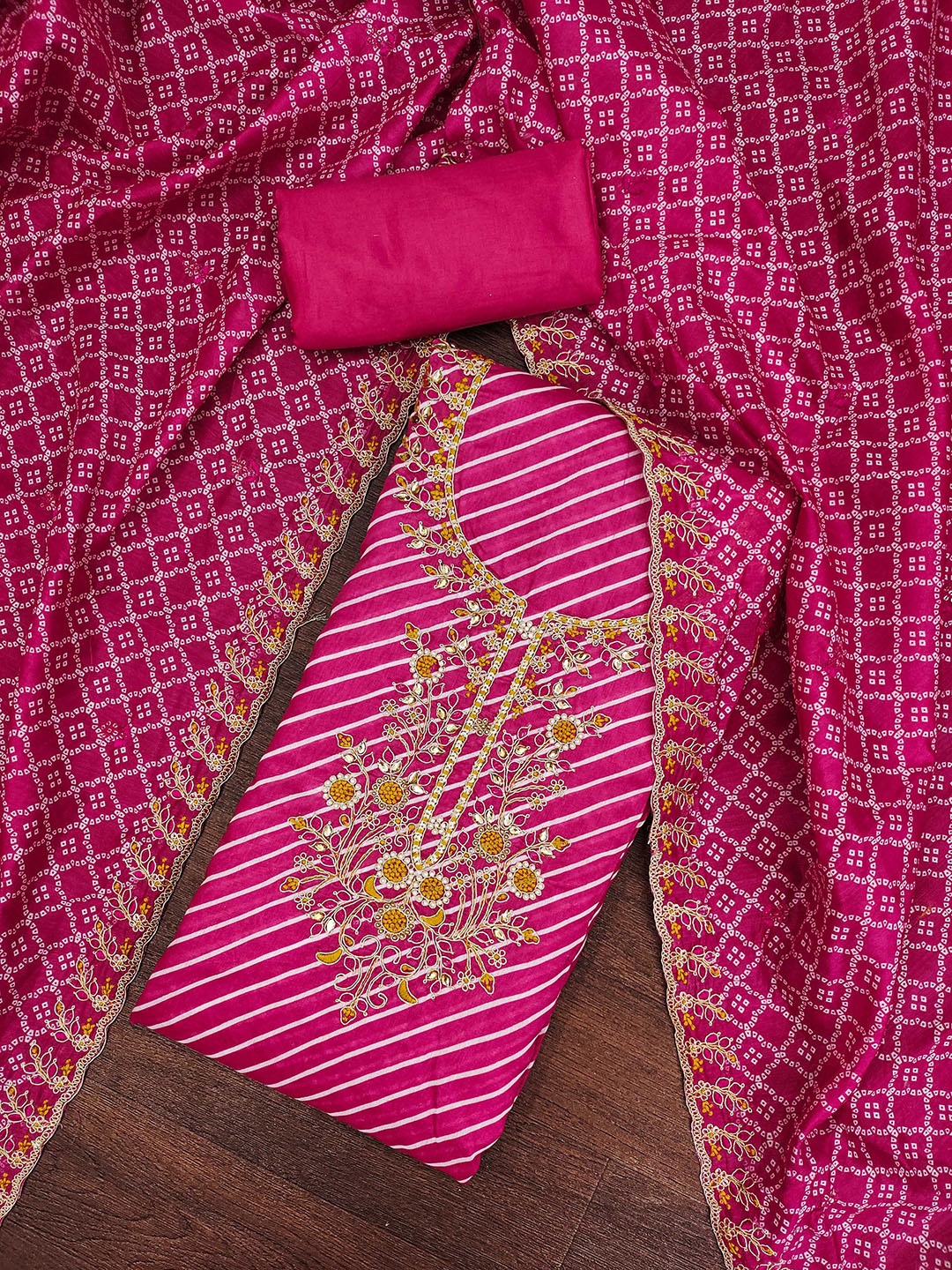 

SAINOOR Leheriya Printed Thread Work Unstitched Dress Material, Pink