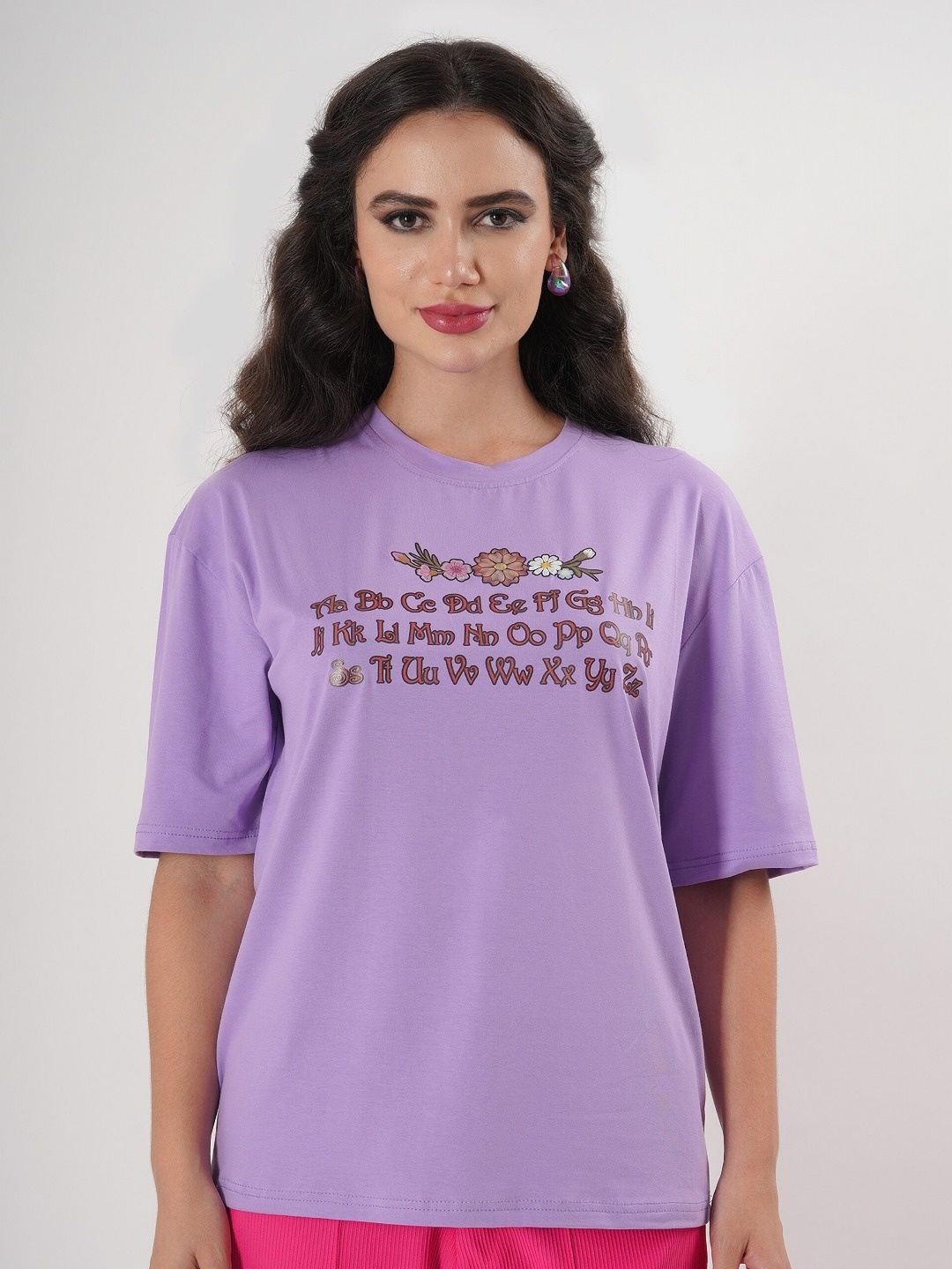 

clobug Women Typography Printed Applique T-shirt, Lavender