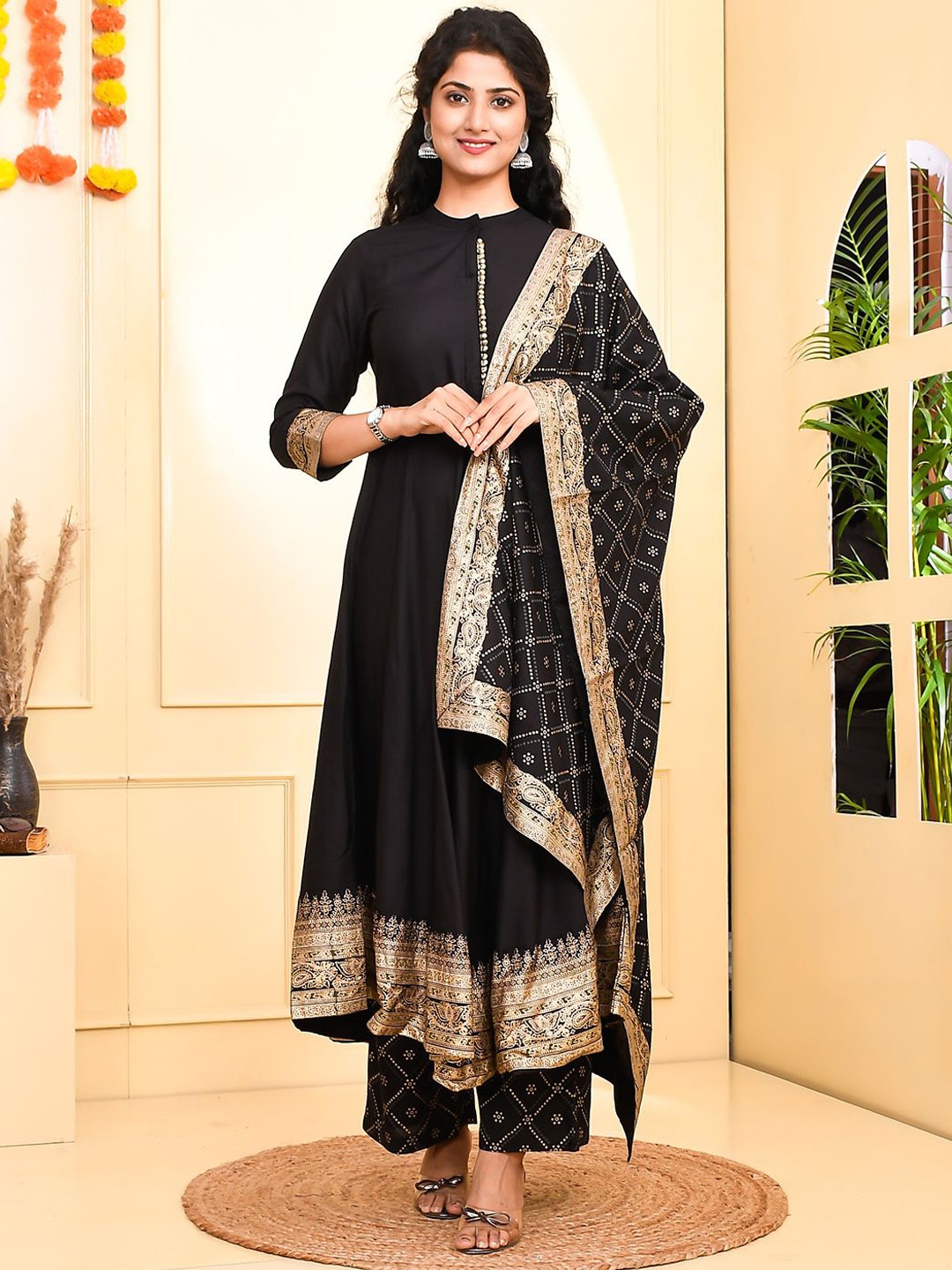 

KALINI Ethnic Motifs Printed Mandrine Collar Anarkali Kurta With Trouser & Dupatta, Black