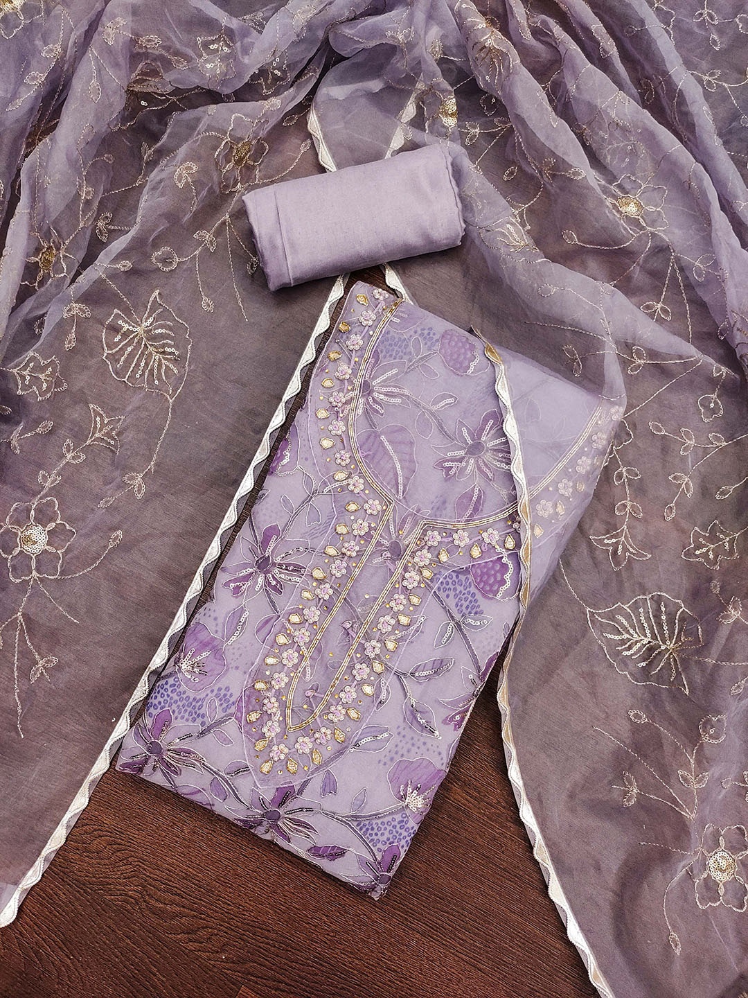 

MANVAA Embellished Organza Unstitched Dress Material, Lavender