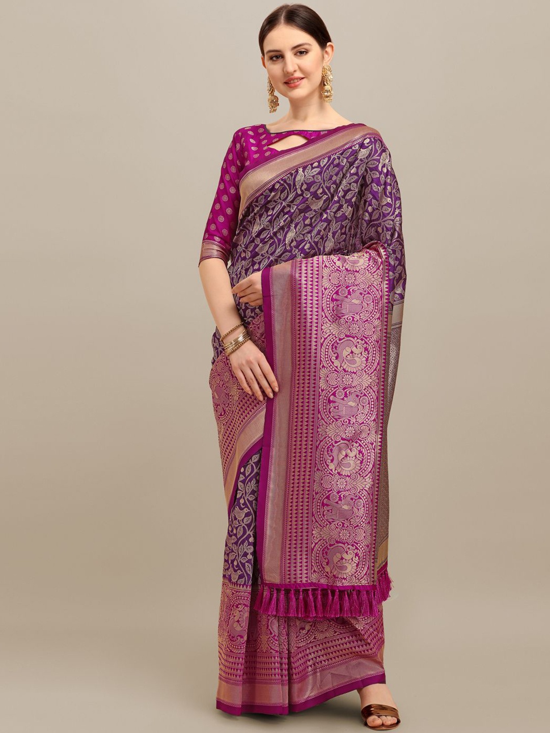 

DIVASTRI Floral Zari Art Silk Banarasi Saree, Purple