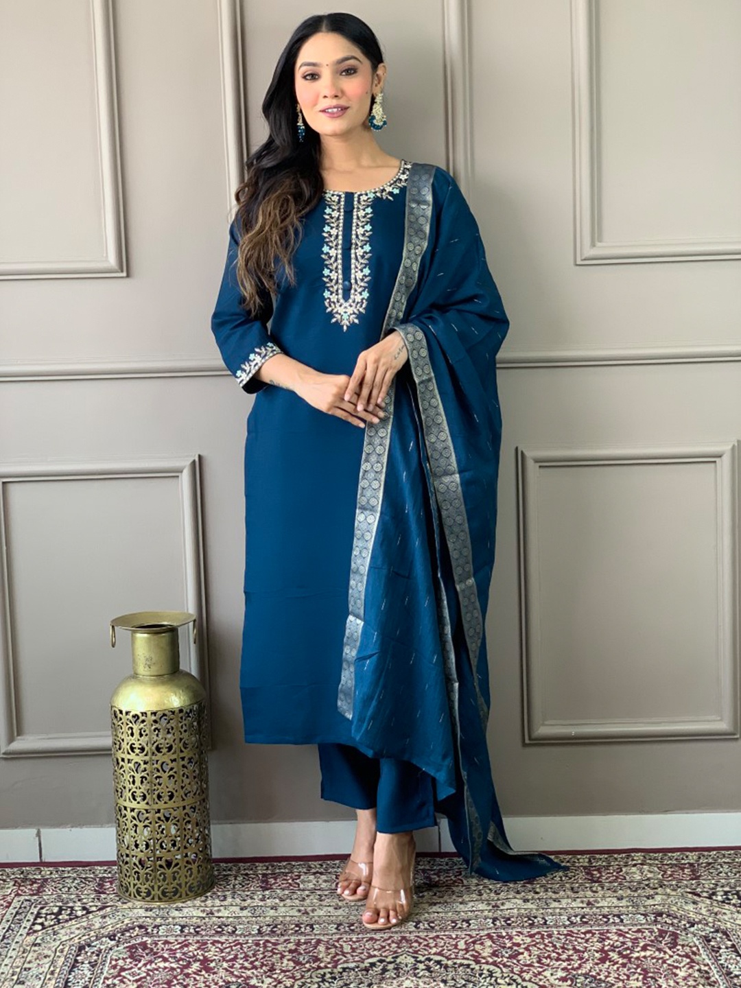 

Moda Rapido Women Floral Yoke Design Regular Thread Work Kurta with Trousers & With Dupatta, Navy blue