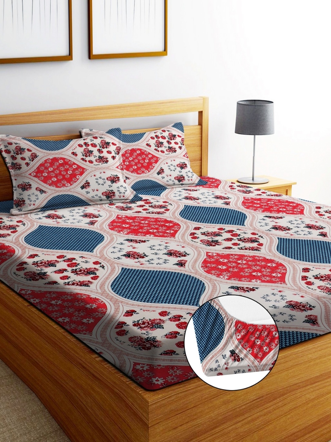 

EXFAB Blue And Red Floral Printed 244 TC Cotton King Bedsheet Set 1.8 m x 1.9 m