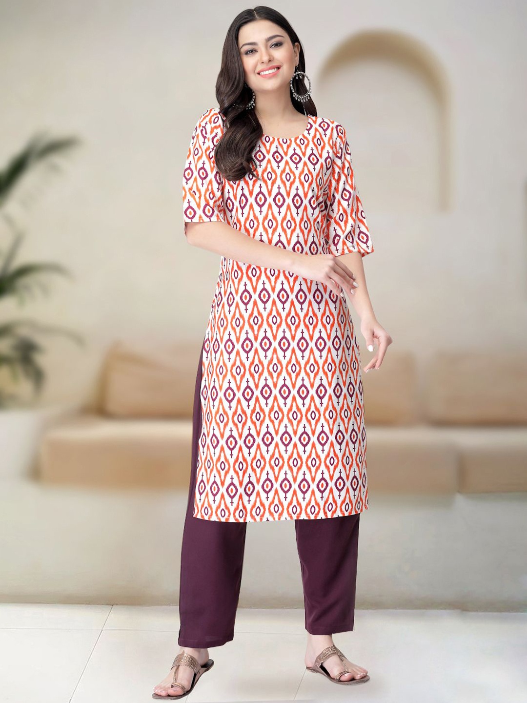 

Moda Rapido Geometric Printed Round Neck Straight Kurta With Trouser, White