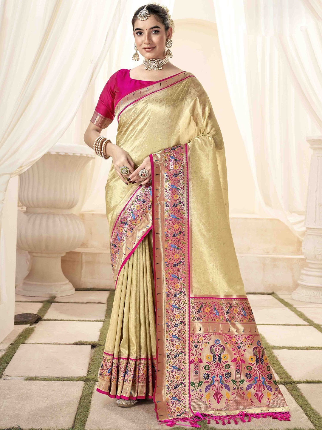 

KIMISHA Woven Design Zari Silk Blend Paithani Saree, Beige
