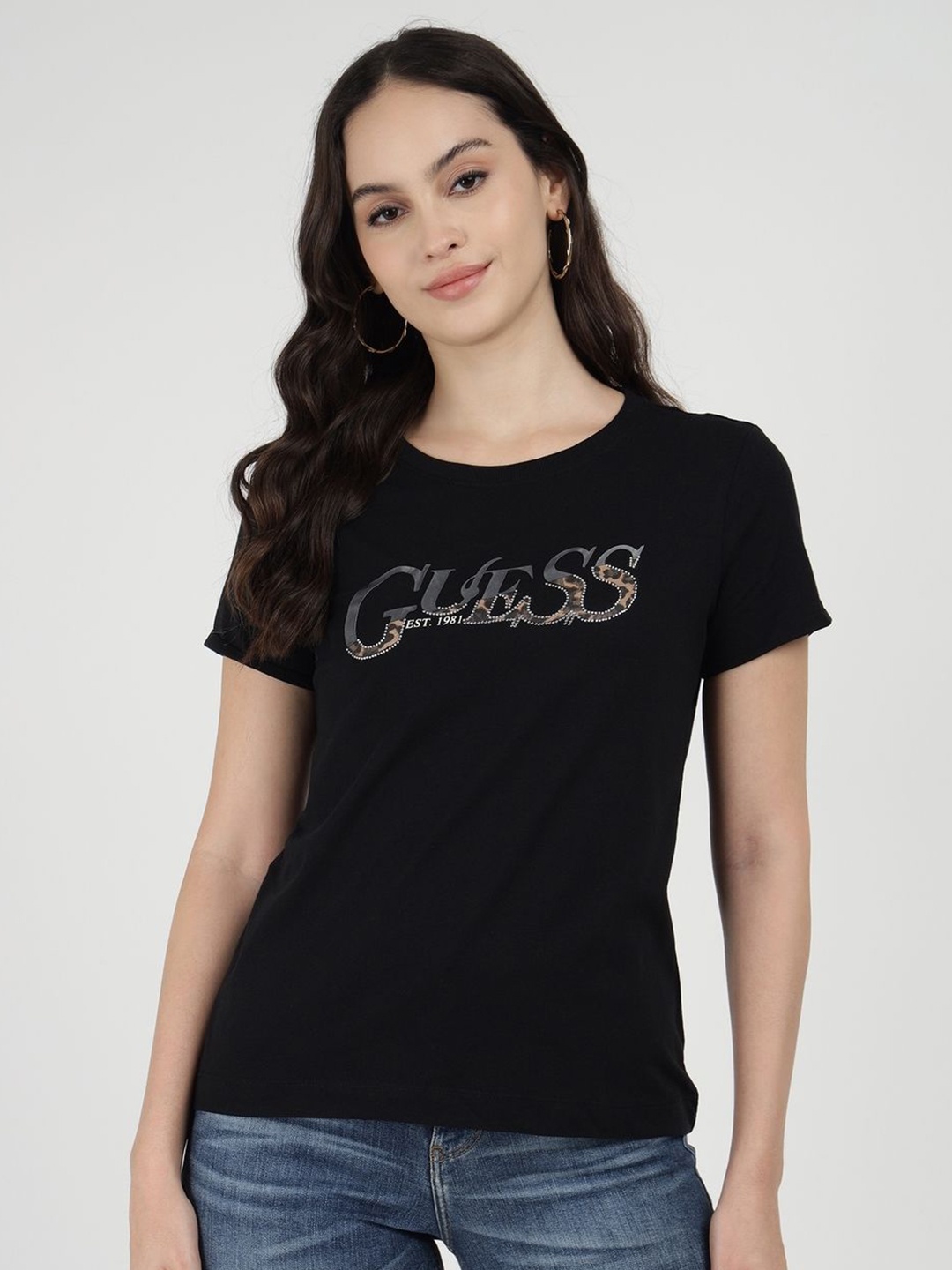 

GUESS Women Typography Printed Round Neck Cotton Slim Fit T-shirt, Black