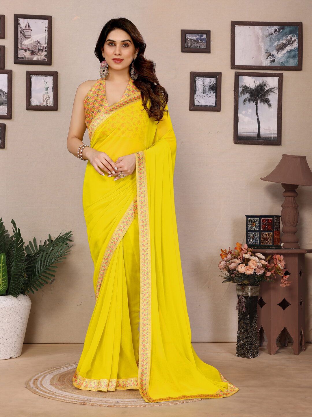 

PEORA'S CLOSET Pure Georgette Saree, Yellow