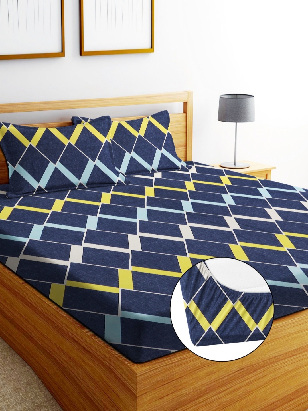

EXFAB Blue & Yellow Geometric Printed 240TC Cotton King Bedsheet Set 2.75 cm x 2.50 cm