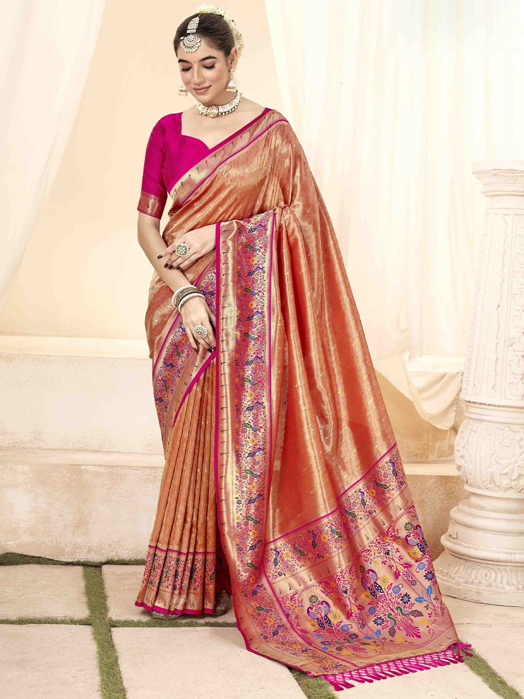 

KIMISHA Woven Design Zari Silk Blend Handloom Paithani Saree, Rust