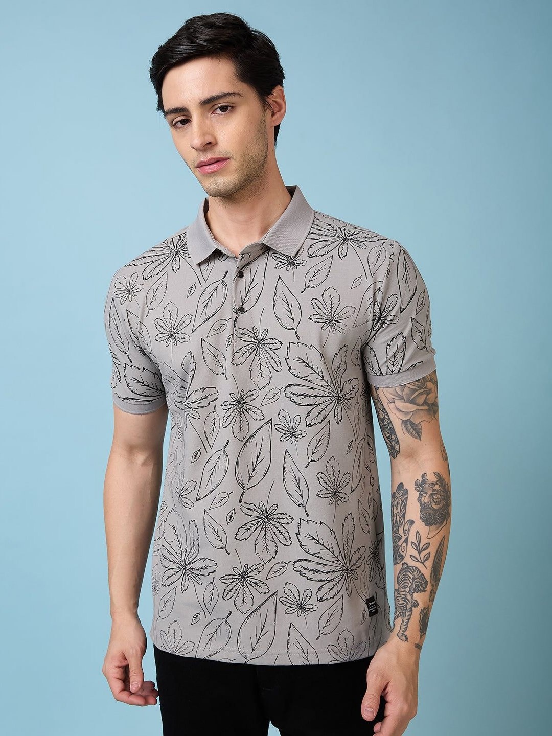

Status Quo Men Floral Printed Polo Collar Regular Fit T-shirt, Grey