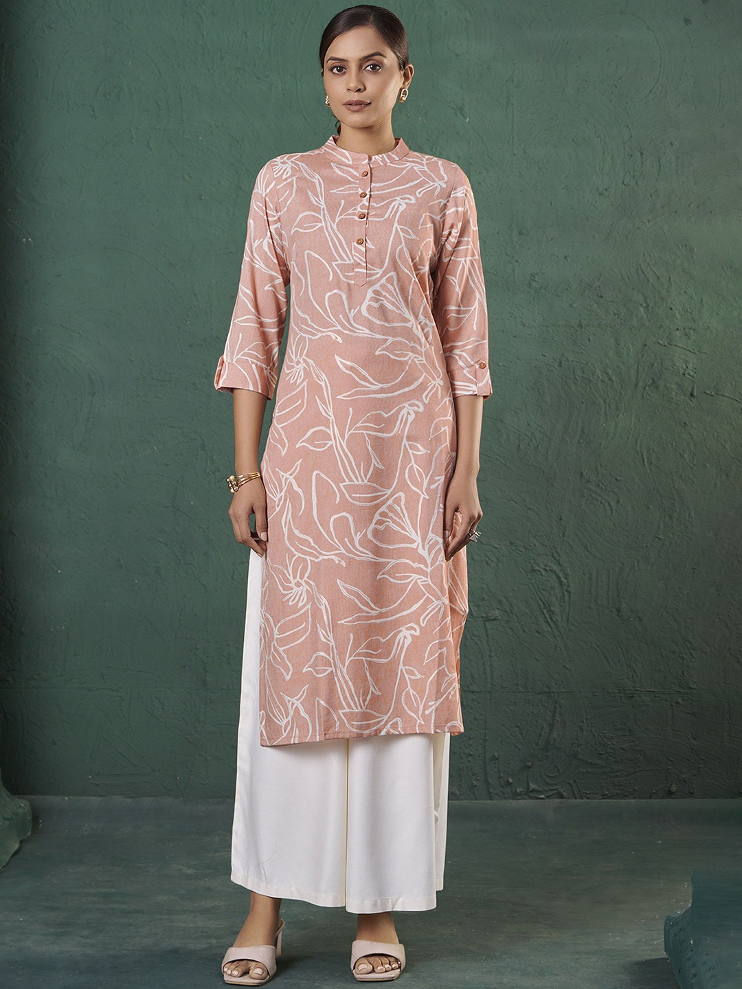 

Anouk Abstract Printed Mandarin Collar Chanderi Silk Straight Kurta, Pink