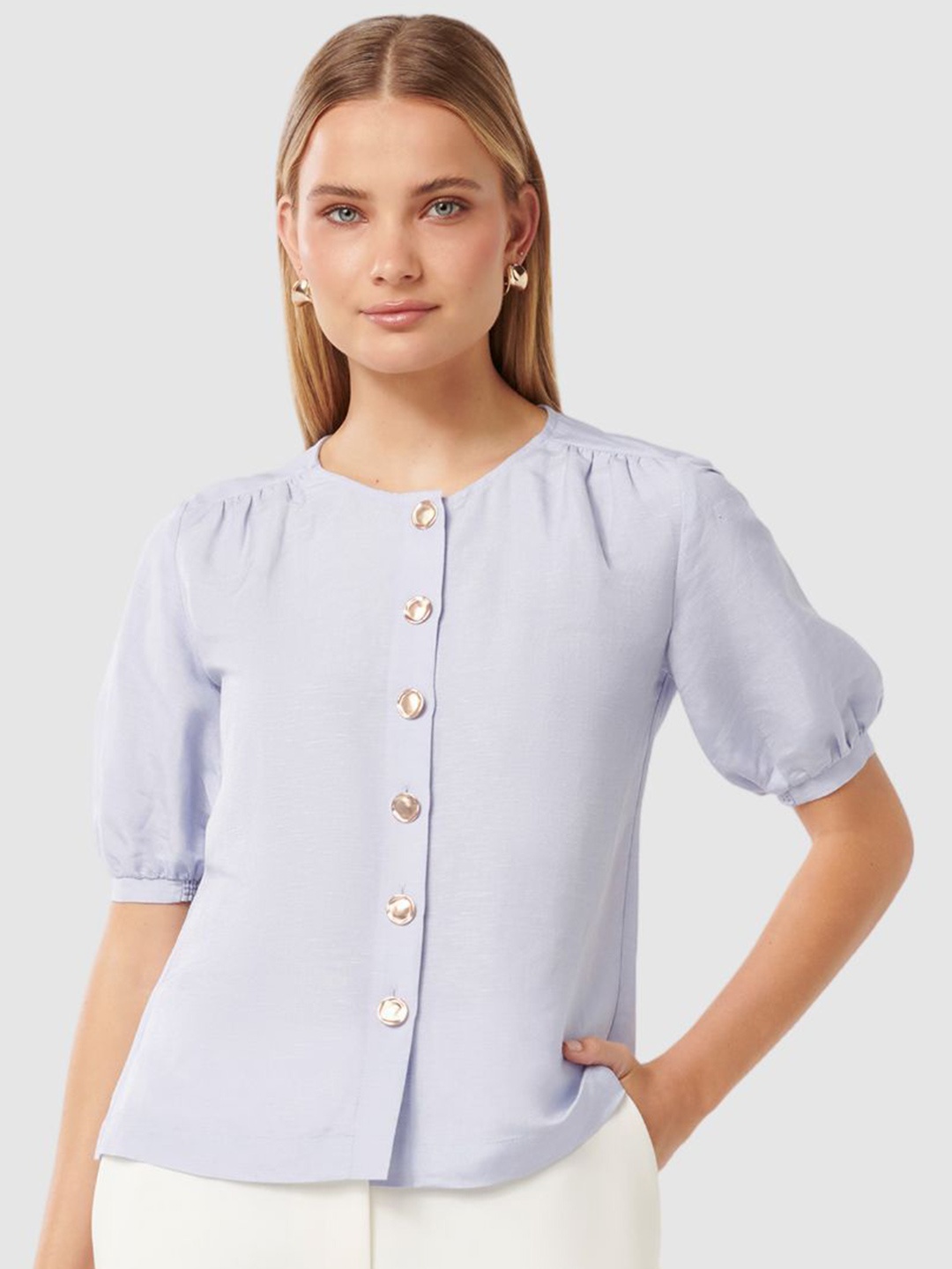 

Forever New Puff Sleeve Linen Top, Purple