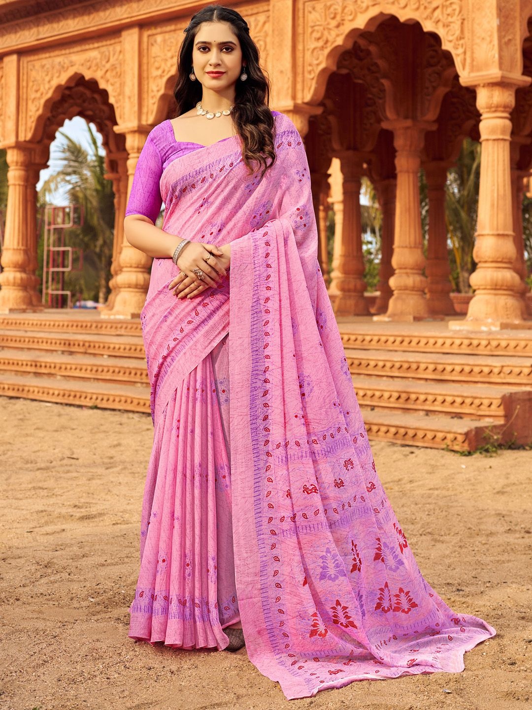 

Mitera Floral Poly Chiffon Bagh Saree, Pink