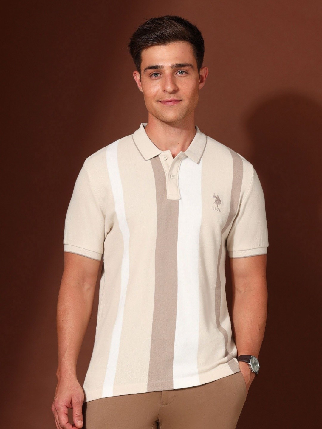 

U.S. Polo Assn. Men Striped Polo Collar Cotton Slim Fit T-shirt, Beige