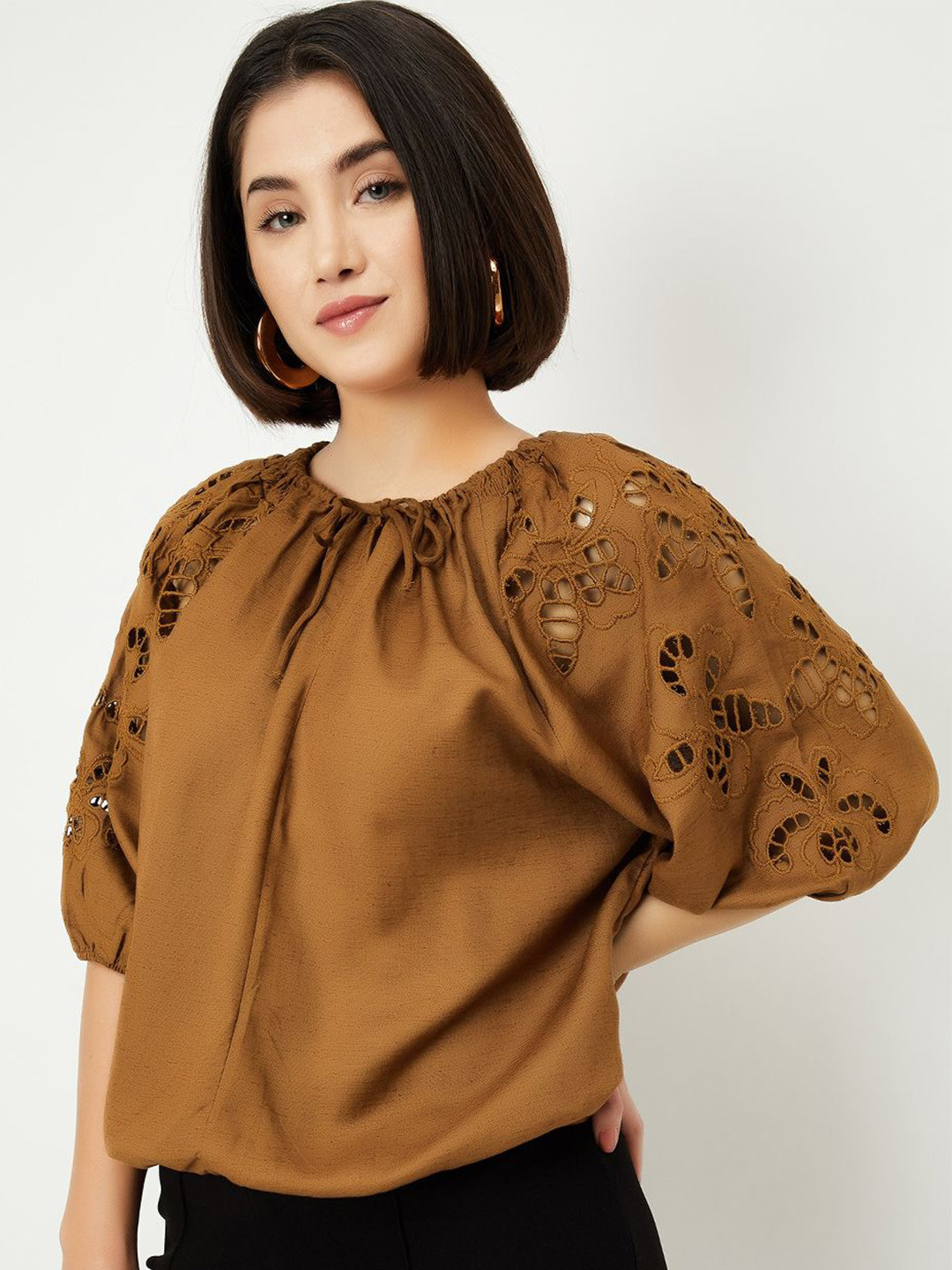 

max Tie-Up Neck Puff Sleeve Cotton Top, Brown