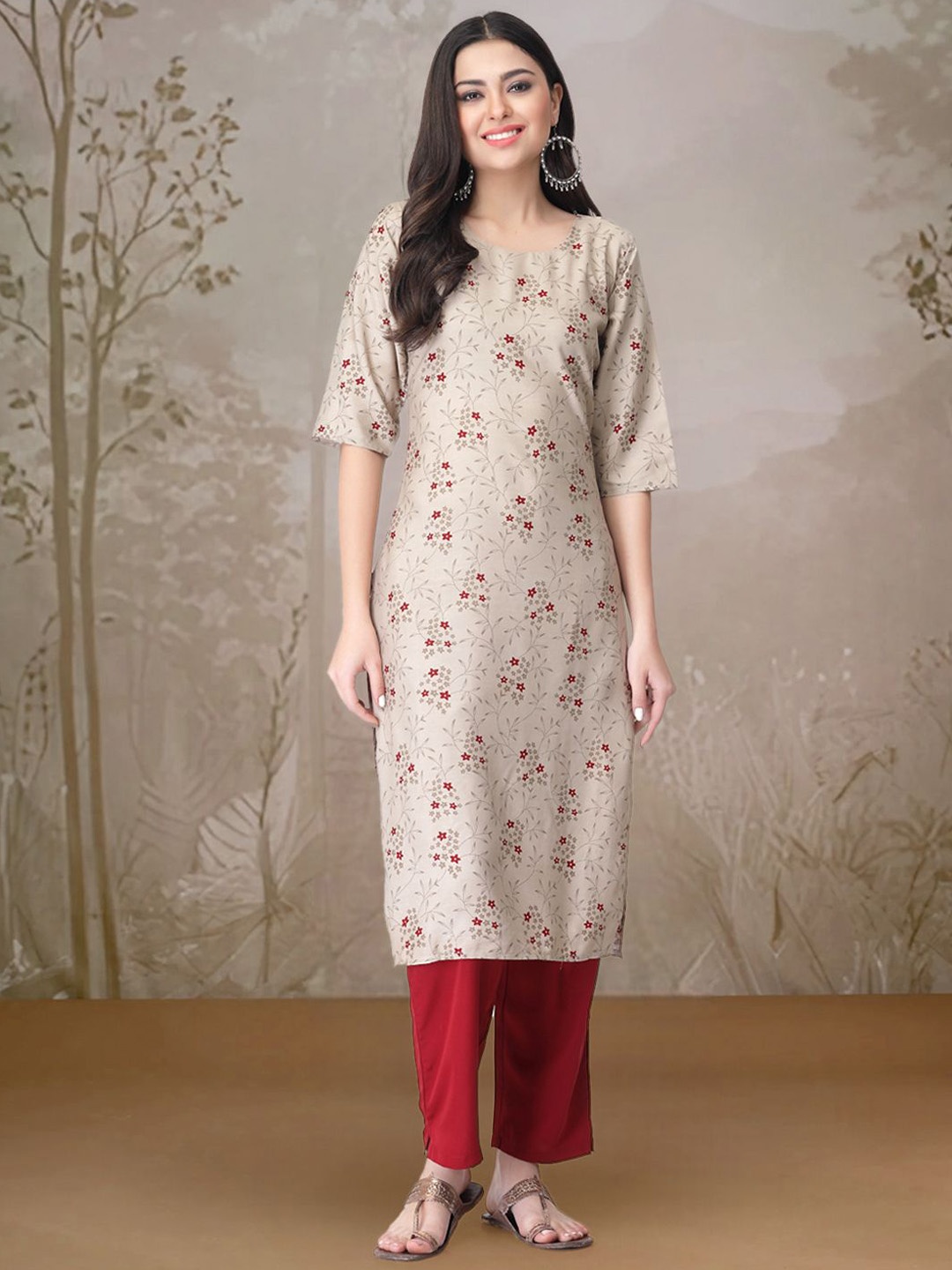 

Moda Rapido Floral Printed Round Neck Straight Kurta With Trousers, Beige