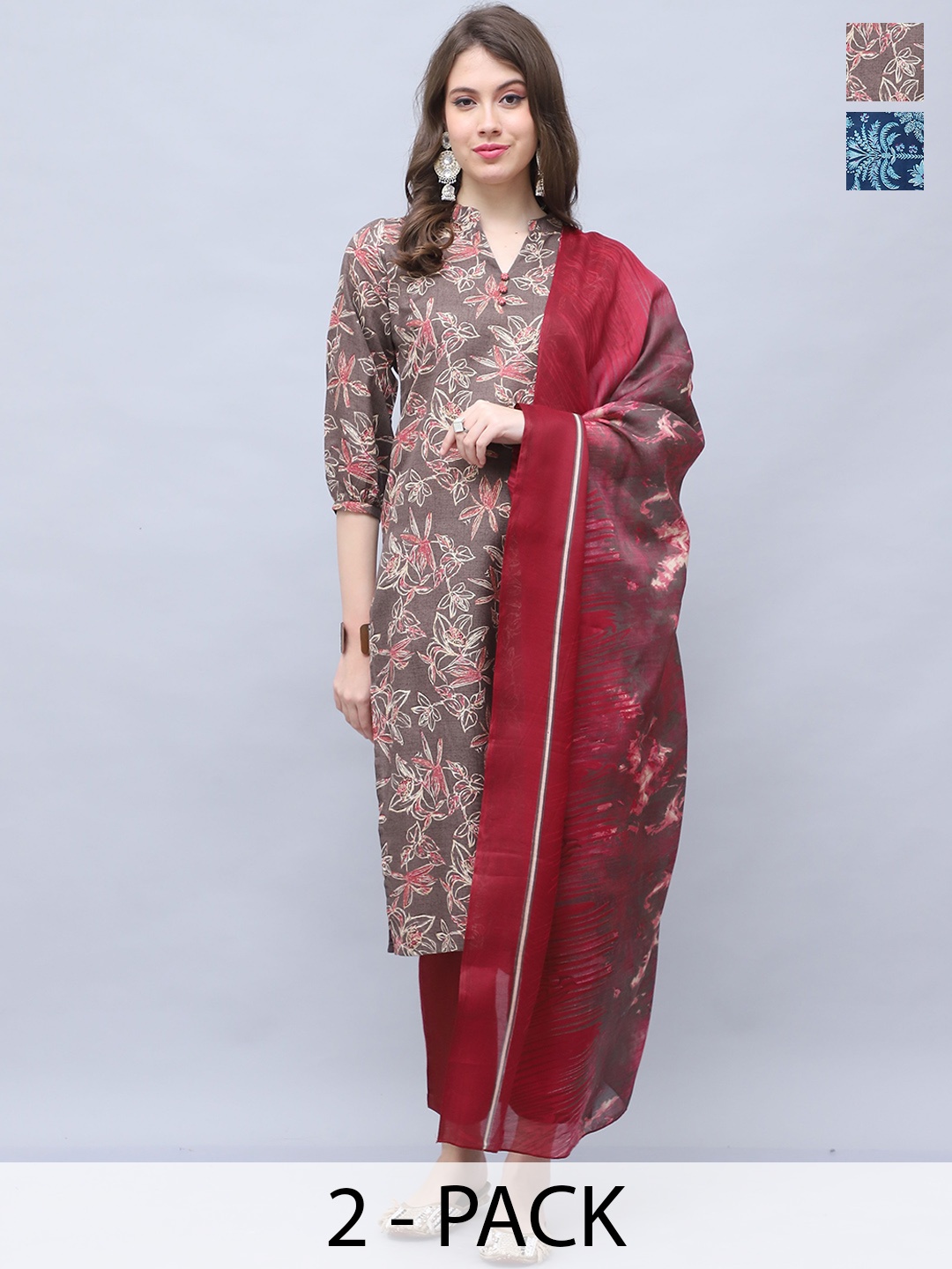 

Roly Poly Selection Of 2 Floral Printed Gotta Patti Straight Kurta with Trouser & Dupatta, Brown