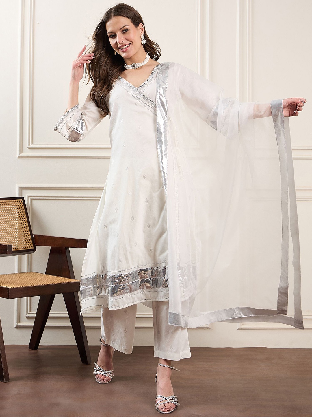 

House of Pataudi Floral Woven Design Pure Cotton A-Line Kurta With Trousers & Dupatta, White