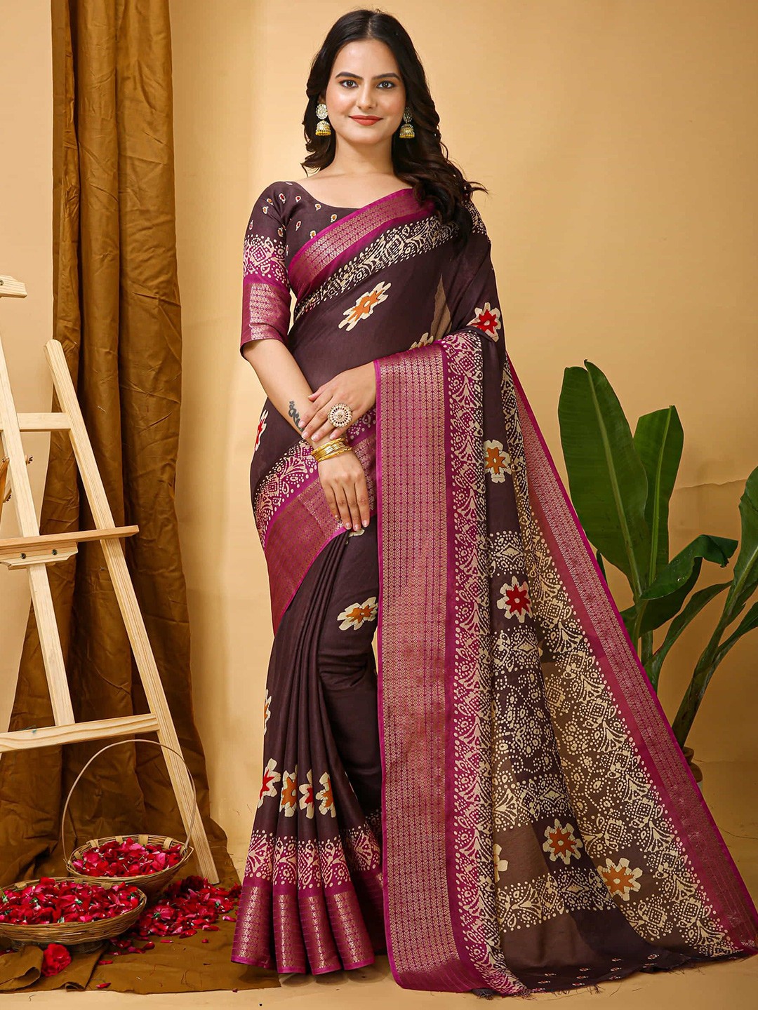 

V3 FASHION STUDIO Ethnic Motifs Zari Art Silk Saree, Brown