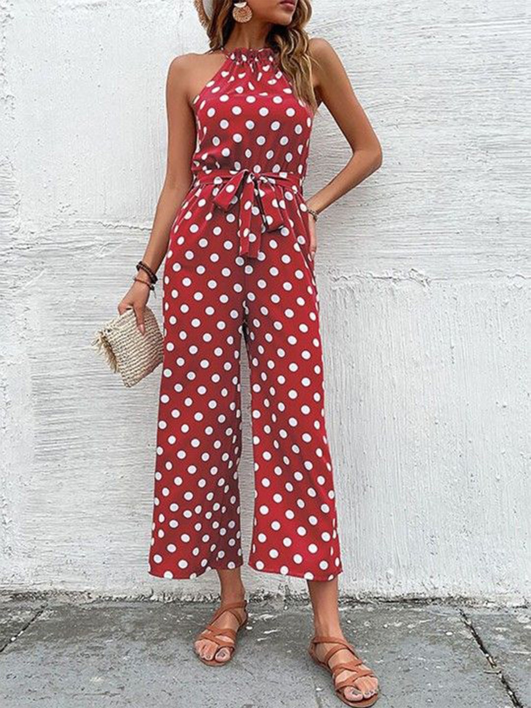 

HERE&NOW Halter Neck Printed Basic Jumpsuit, Red